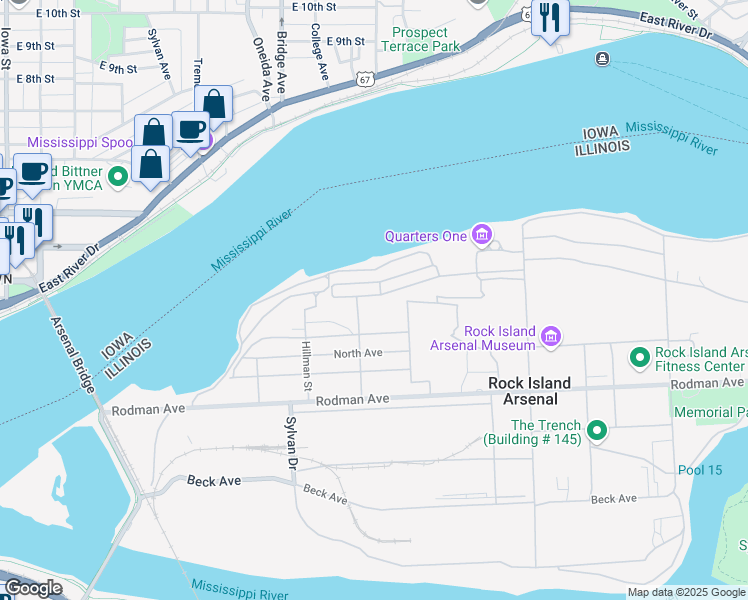 map of restaurants, bars, coffee shops, grocery stores, and more near Durnin Avenue in Rock Island