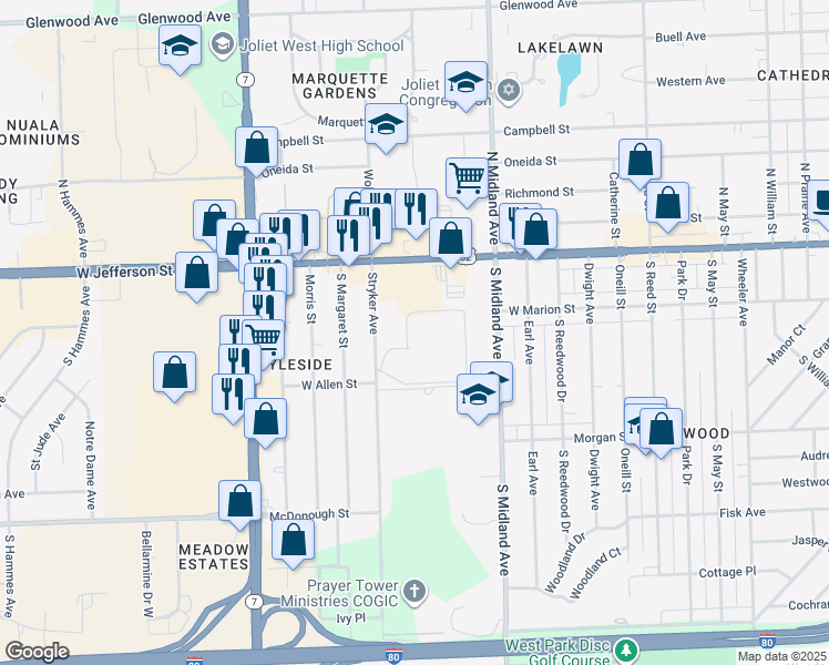 map of restaurants, bars, coffee shops, grocery stores, and more near 1503 Woodbridge Road in Joliet