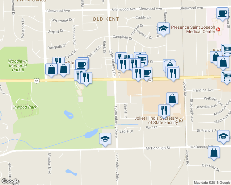 map of restaurants, bars, coffee shops, grocery stores, and more near 117 Infantry Drive in Joliet