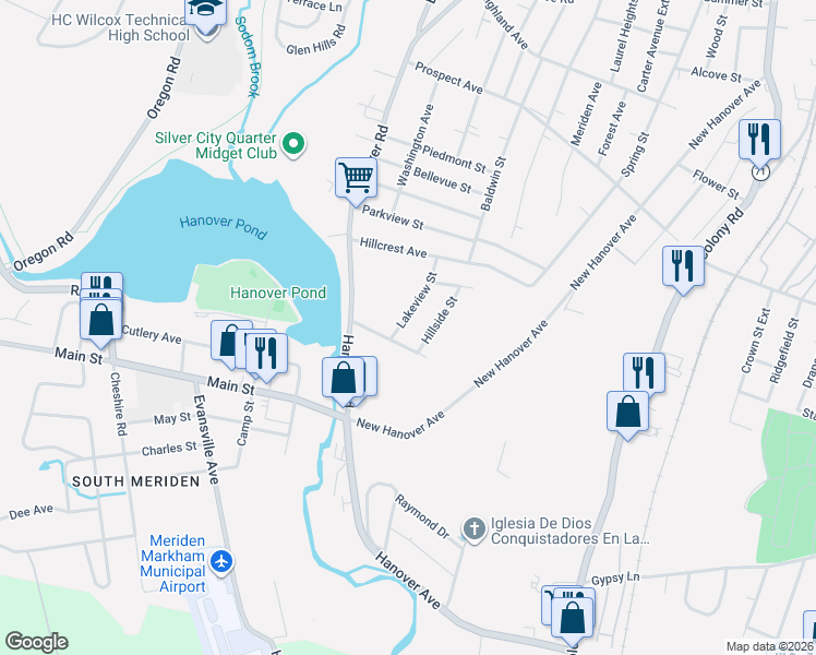 map of restaurants, bars, coffee shops, grocery stores, and more near 59 McKenzie Avenue in Meriden