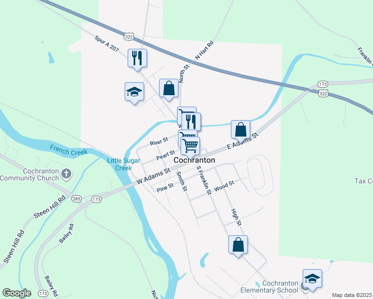 map of restaurants, bars, coffee shops, grocery stores, and more near in Cochranton