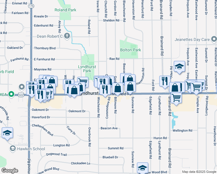 map of restaurants, bars, coffee shops, grocery stores, and more near in Lyndhurst