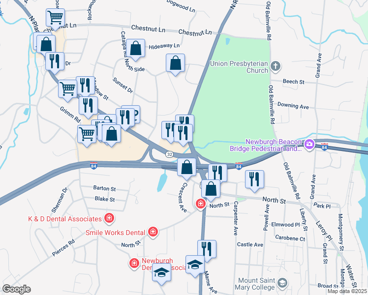 map of restaurants, bars, coffee shops, grocery stores, and more near 2893 Albany Post Road in Newburgh
