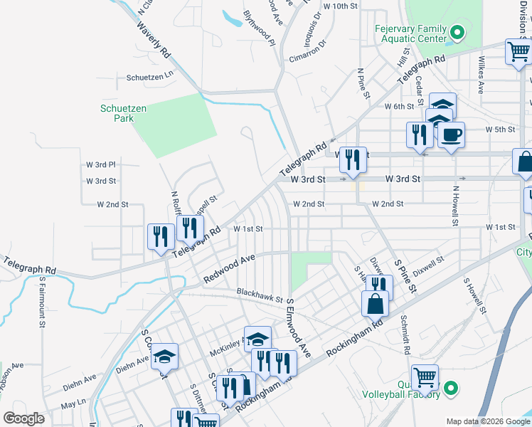map of restaurants, bars, coffee shops, grocery stores, and more near 2467-2499 West 1st Street in Davenport
