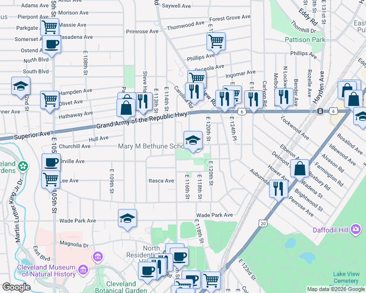 map of restaurants, bars, coffee shops, grocery stores, and more near in Cleveland