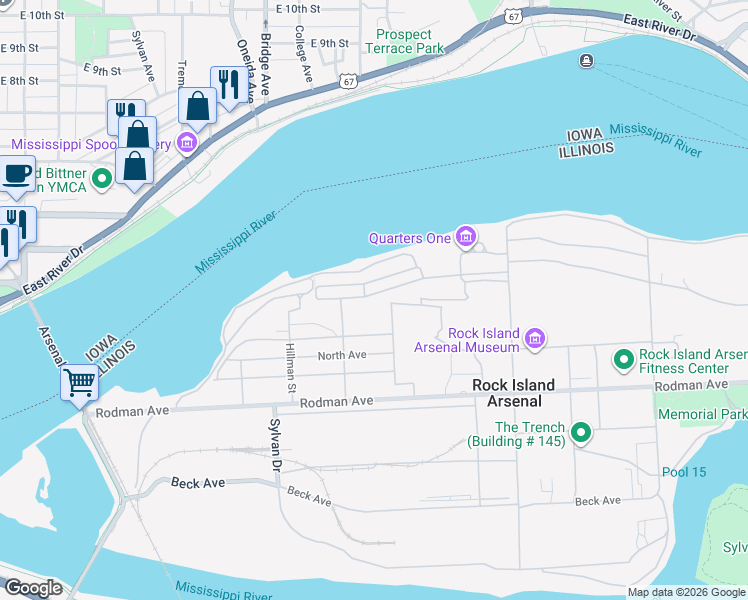 map of restaurants, bars, coffee shops, grocery stores, and more near 2504 Durnin Avenue in Rock Island