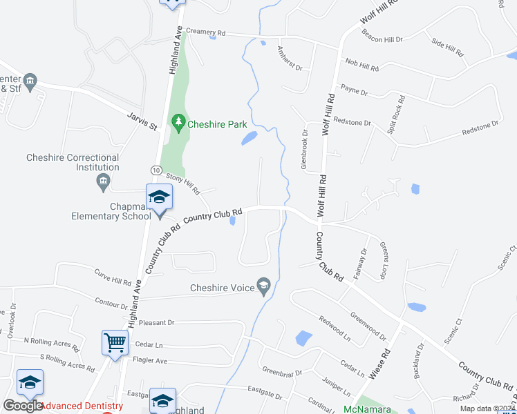 map of restaurants, bars, coffee shops, grocery stores, and more near 126 Country Club Road in Cheshire