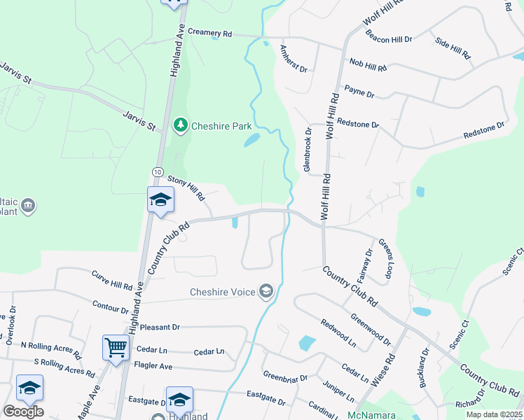 map of restaurants, bars, coffee shops, grocery stores, and more near 128 Country Club Road in Cheshire