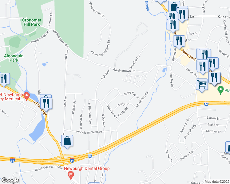 map of restaurants, bars, coffee shops, grocery stores, and more near 2 Christie Road in Newburgh