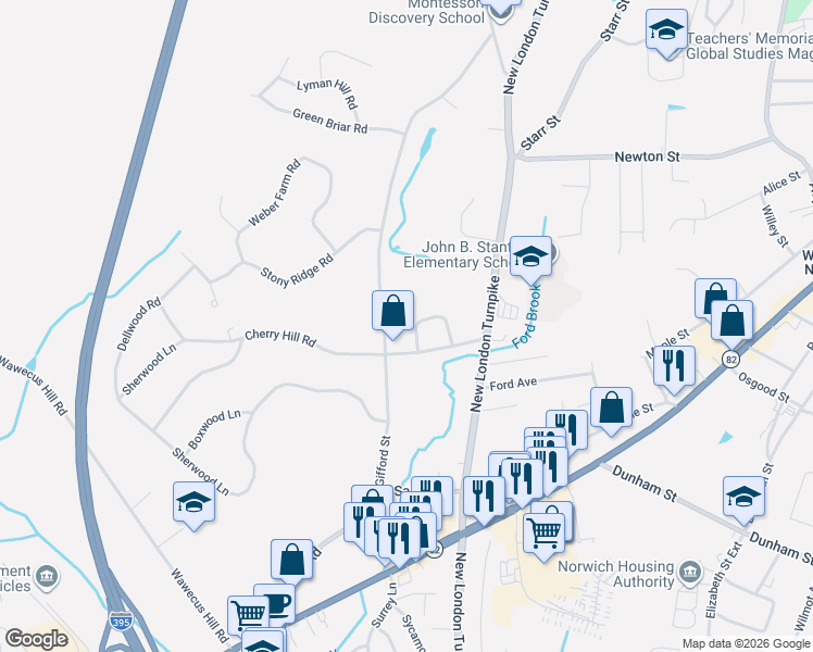 map of restaurants, bars, coffee shops, grocery stores, and more near 13 Deerbrook Road in Norwich