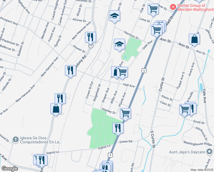 map of restaurants, bars, coffee shops, grocery stores, and more near 132 Hall Avenue in Meriden