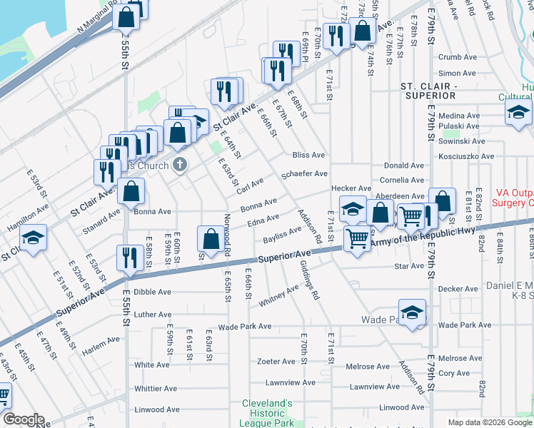 map of restaurants, bars, coffee shops, grocery stores, and more near 6719 Bonna Avenue in Cleveland