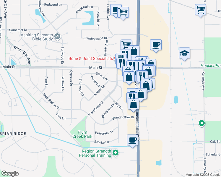 map of restaurants, bars, coffee shops, grocery stores, and more near 97 Juniper Drive in Schererville