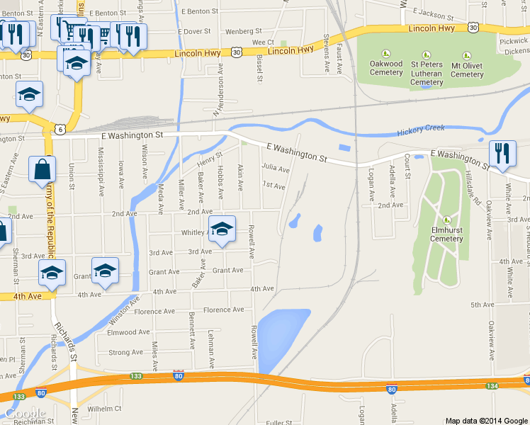 map of restaurants, bars, coffee shops, grocery stores, and more near 139 Arizona Avenue in Joliet