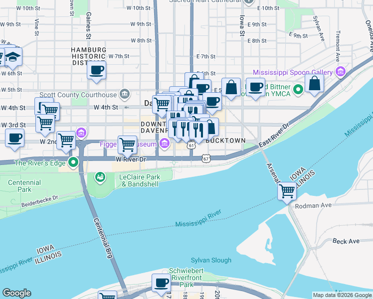 map of restaurants, bars, coffee shops, grocery stores, and more near 219 East 2nd Street in Davenport