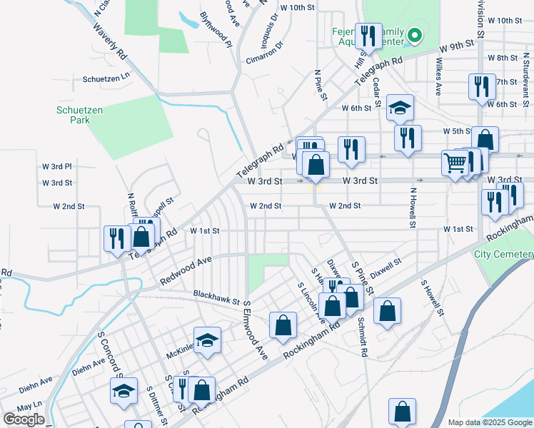 map of restaurants, bars, coffee shops, grocery stores, and more near 210 N Lincoln Ave in Davenport