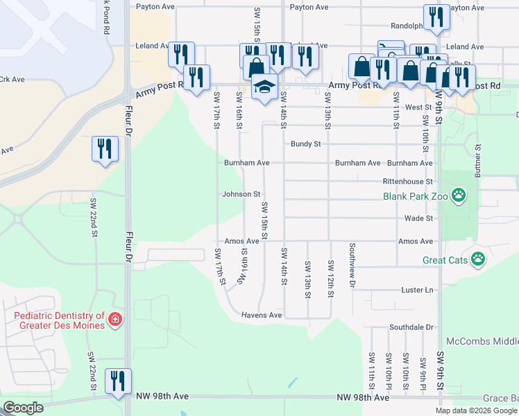 map of restaurants, bars, coffee shops, grocery stores, and more near 6905 Southwest 16th Street in Des Moines