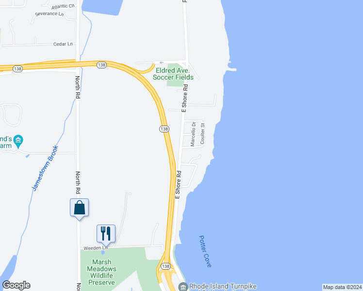 map of restaurants, bars, coffee shops, grocery stores, and more near 16 Penny Road in Jamestown