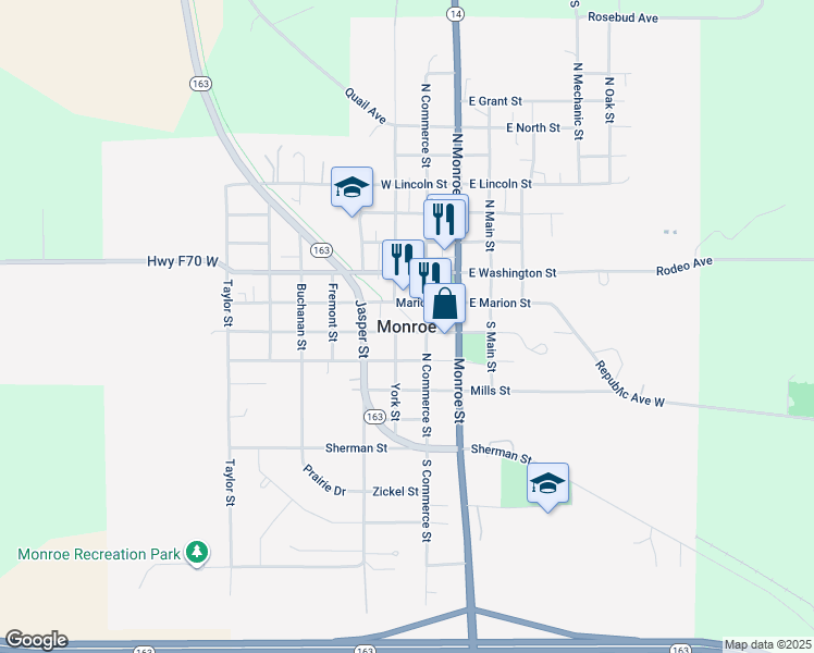 map of restaurants, bars, coffee shops, grocery stores, and more near in Monroe