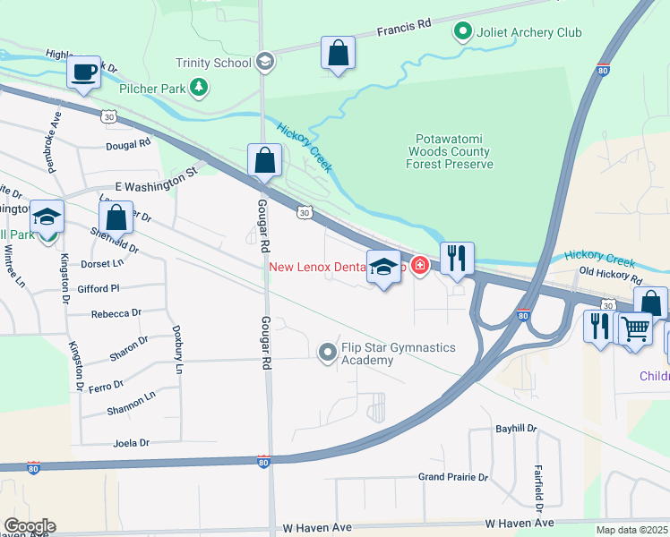 map of restaurants, bars, coffee shops, grocery stores, and more near 1800 West Maple Street in New Lenox