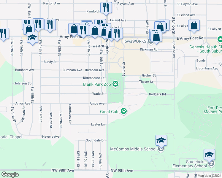 map of restaurants, bars, coffee shops, grocery stores, and more near 7401 Southwest 9th Street in Des Moines