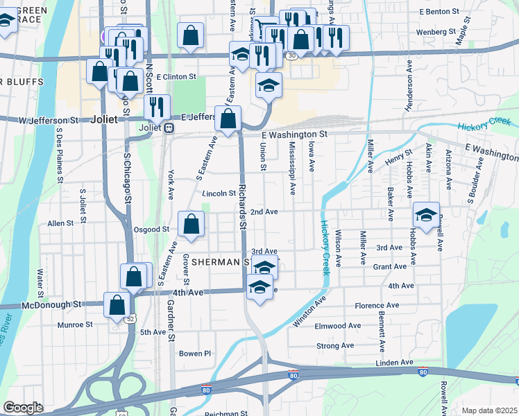 map of restaurants, bars, coffee shops, grocery stores, and more near 112 Richards Street in Joliet
