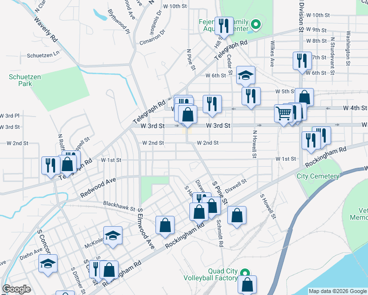 map of restaurants, bars, coffee shops, grocery stores, and more near 2215 West 2nd Street in Davenport