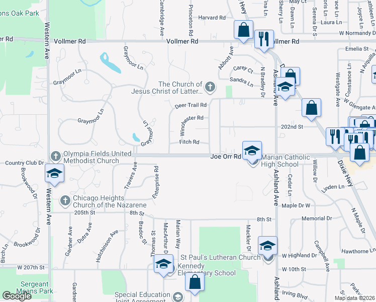 map of restaurants, bars, coffee shops, grocery stores, and more near 550 Winchester Road in Chicago Heights