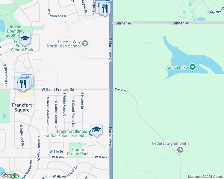 map of restaurants, bars, coffee shops, grocery stores, and more near S Harlem Ave & W Street Francis Rd in Matteson
