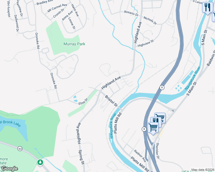 map of restaurants, bars, coffee shops, grocery stores, and more near 1430 Highland Avenue in Waterbury