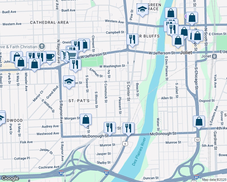 map of restaurants, bars, coffee shops, grocery stores, and more near 426 Prior Street in Joliet