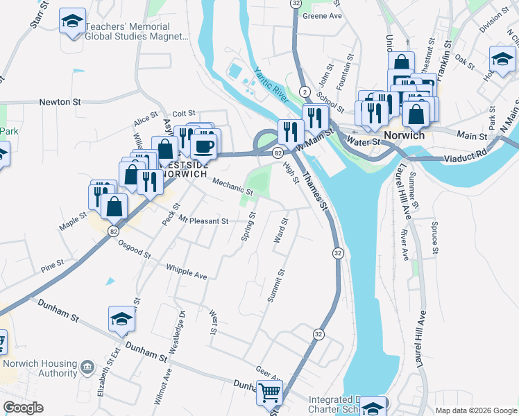 map of restaurants, bars, coffee shops, grocery stores, and more near 75 Spring Street in Norwich