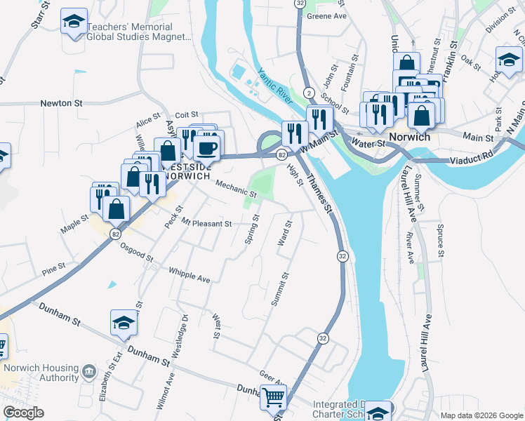 map of restaurants, bars, coffee shops, grocery stores, and more near 75 Spring Street in Norwich