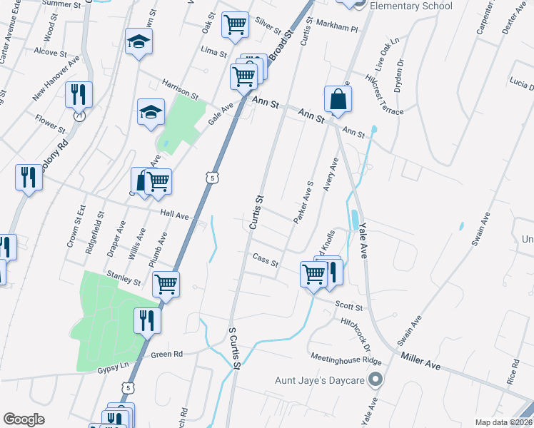 map of restaurants, bars, coffee shops, grocery stores, and more near 6 Brookdale Road in Meriden