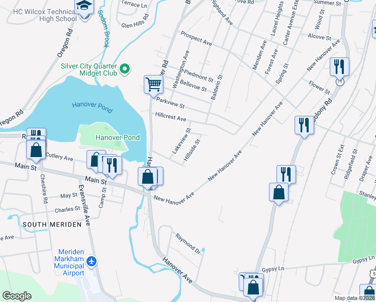 map of restaurants, bars, coffee shops, grocery stores, and more near 59 Lakeview Street in Meriden