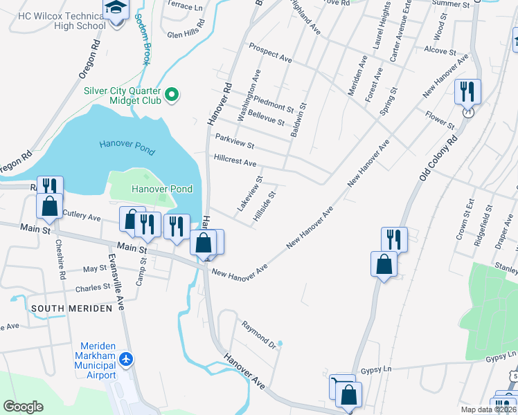 map of restaurants, bars, coffee shops, grocery stores, and more near 59 Lakeview Street in Meriden