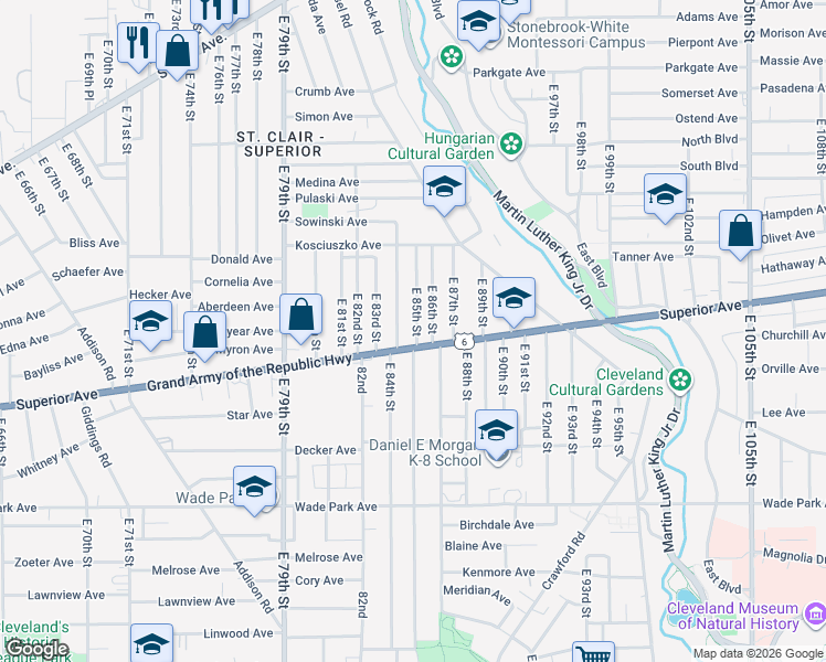 map of restaurants, bars, coffee shops, grocery stores, and more near 1234 East 85th Street in Cleveland