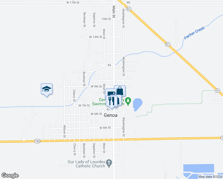 map of restaurants, bars, coffee shops, grocery stores, and more near 102 West 9th Street in Genoa