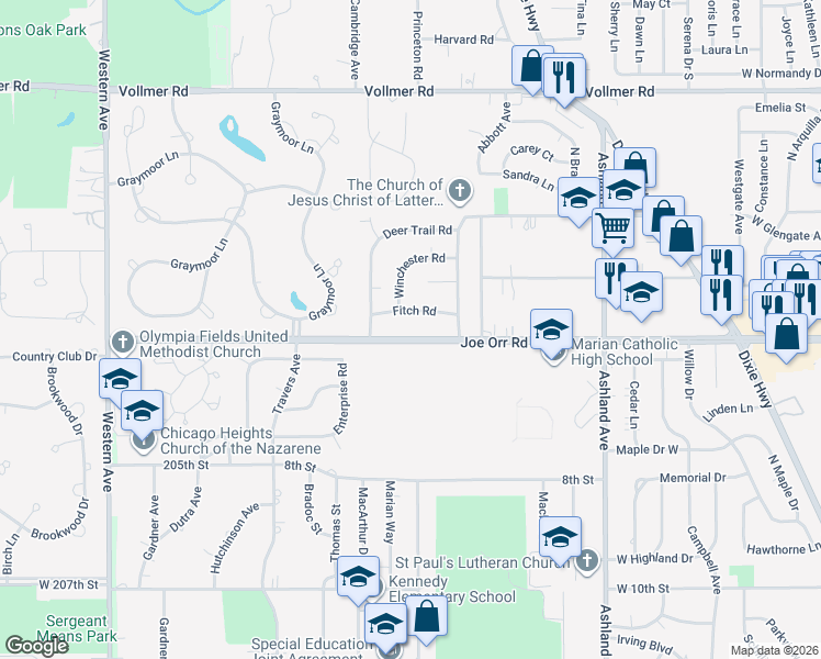 map of restaurants, bars, coffee shops, grocery stores, and more near 550 Winchester Road in Chicago Heights
