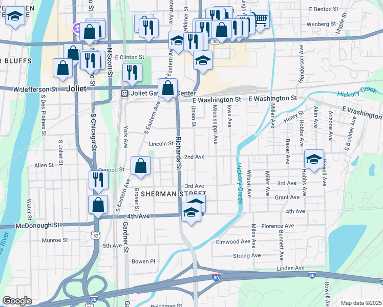 map of restaurants, bars, coffee shops, grocery stores, and more near 112 Richards Street in Joliet