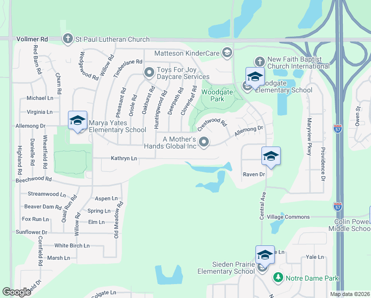 map of restaurants, bars, coffee shops, grocery stores, and more near 5752 Allemong Drive in Matteson