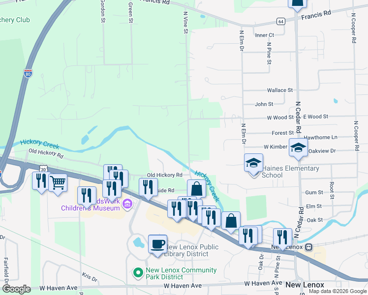 map of restaurants, bars, coffee shops, grocery stores, and more near 985 North Vine Street in New Lenox