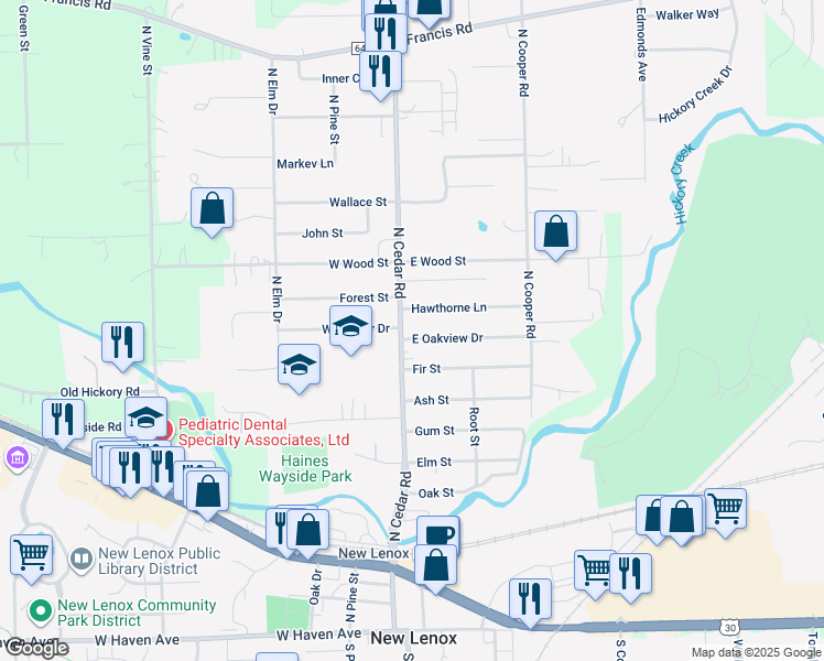 map of restaurants, bars, coffee shops, grocery stores, and more near 904 North Cedar Road in New Lenox
