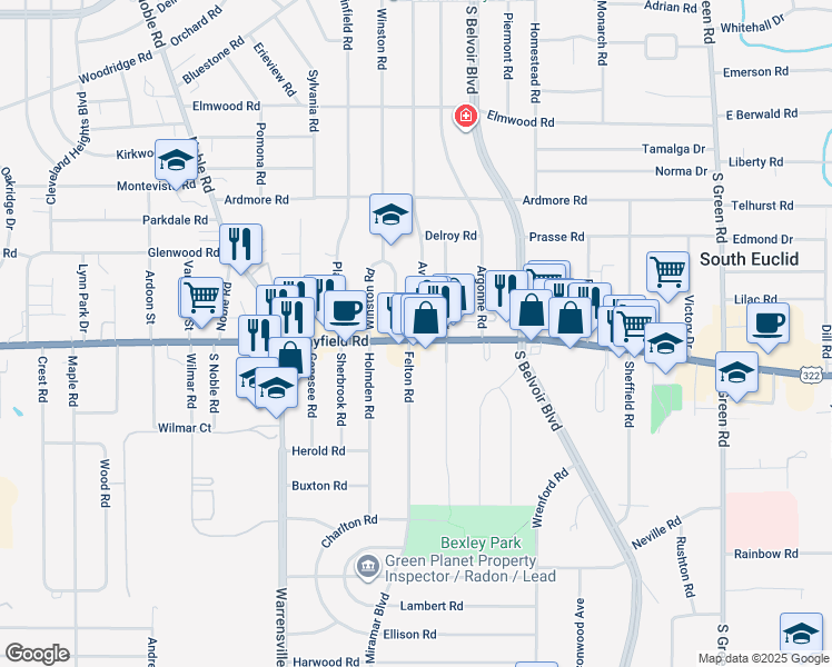 map of restaurants, bars, coffee shops, grocery stores, and more near 1415 Avondale Road in South Euclid