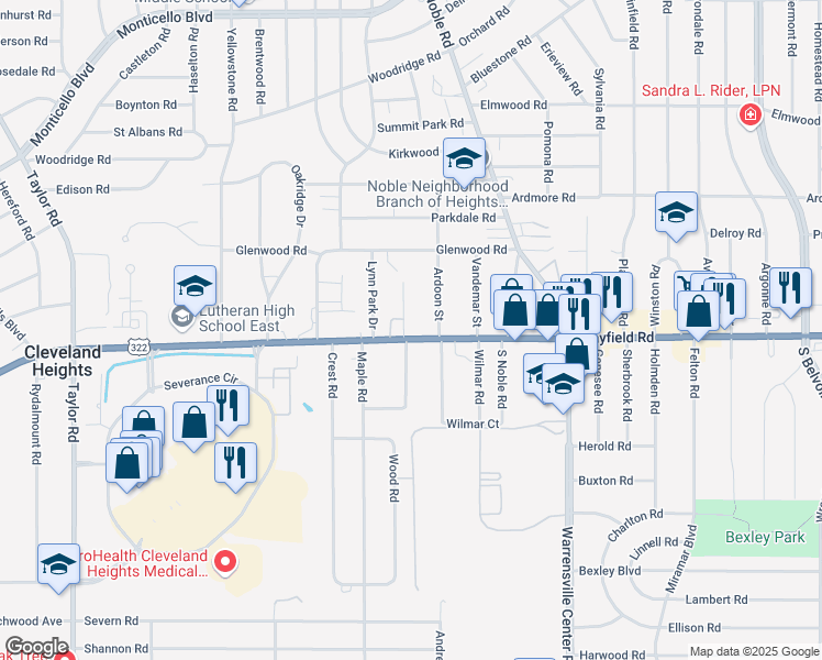 map of restaurants, bars, coffee shops, grocery stores, and more near 3825 Mayfield Road in Cleveland Heights
