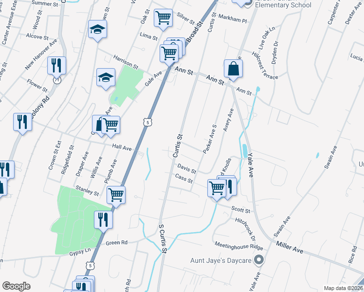 map of restaurants, bars, coffee shops, grocery stores, and more near 6 Brookdale Road in Meriden
