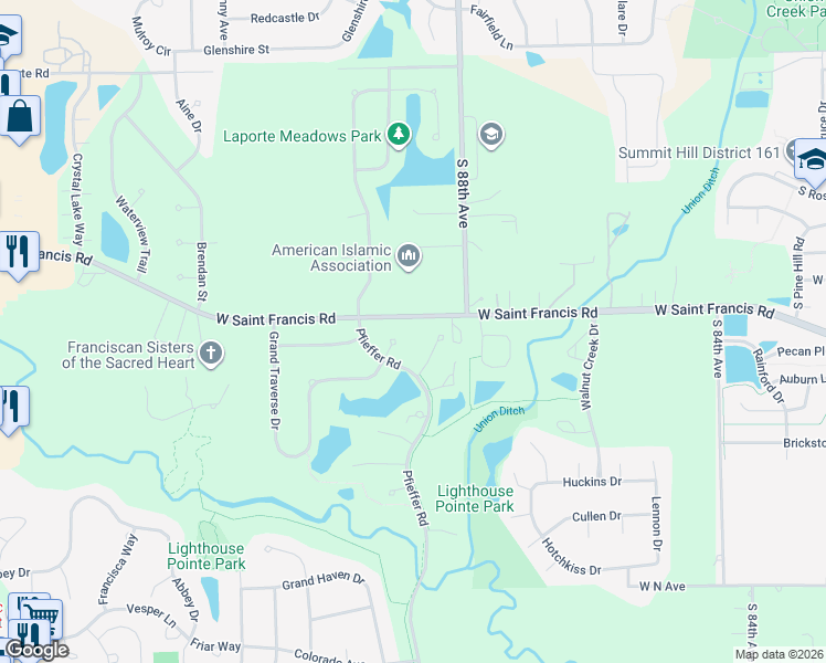 map of restaurants, bars, coffee shops, grocery stores, and more near 20315 Port Washington Court in Frankfort
