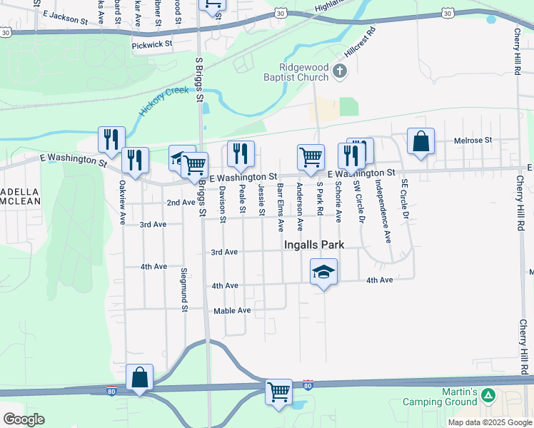 map of restaurants, bars, coffee shops, grocery stores, and more near 126 Jessie Street in Joliet