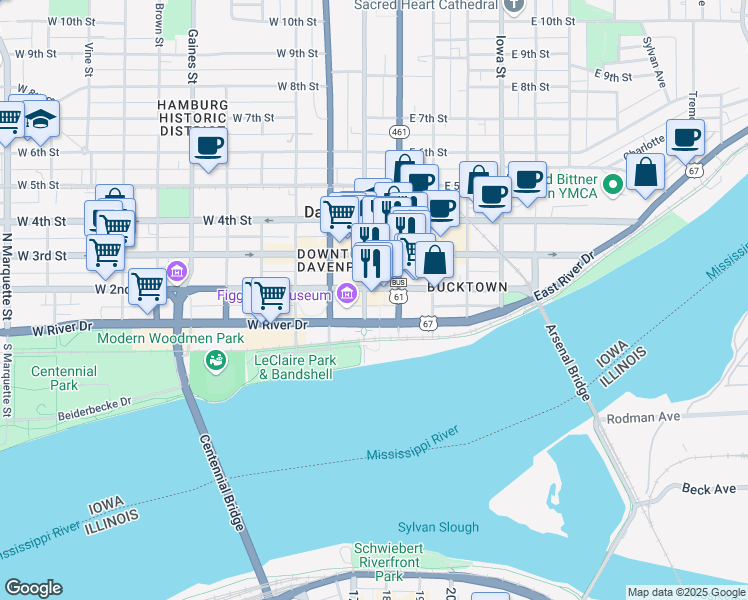 map of restaurants, bars, coffee shops, grocery stores, and more near in Davenport