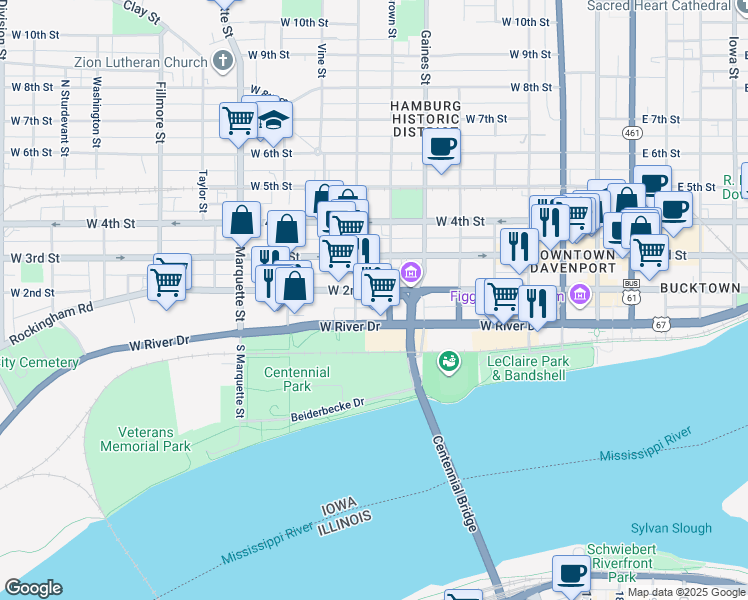 map of restaurants, bars, coffee shops, grocery stores, and more near 815 West 2nd Street in Davenport